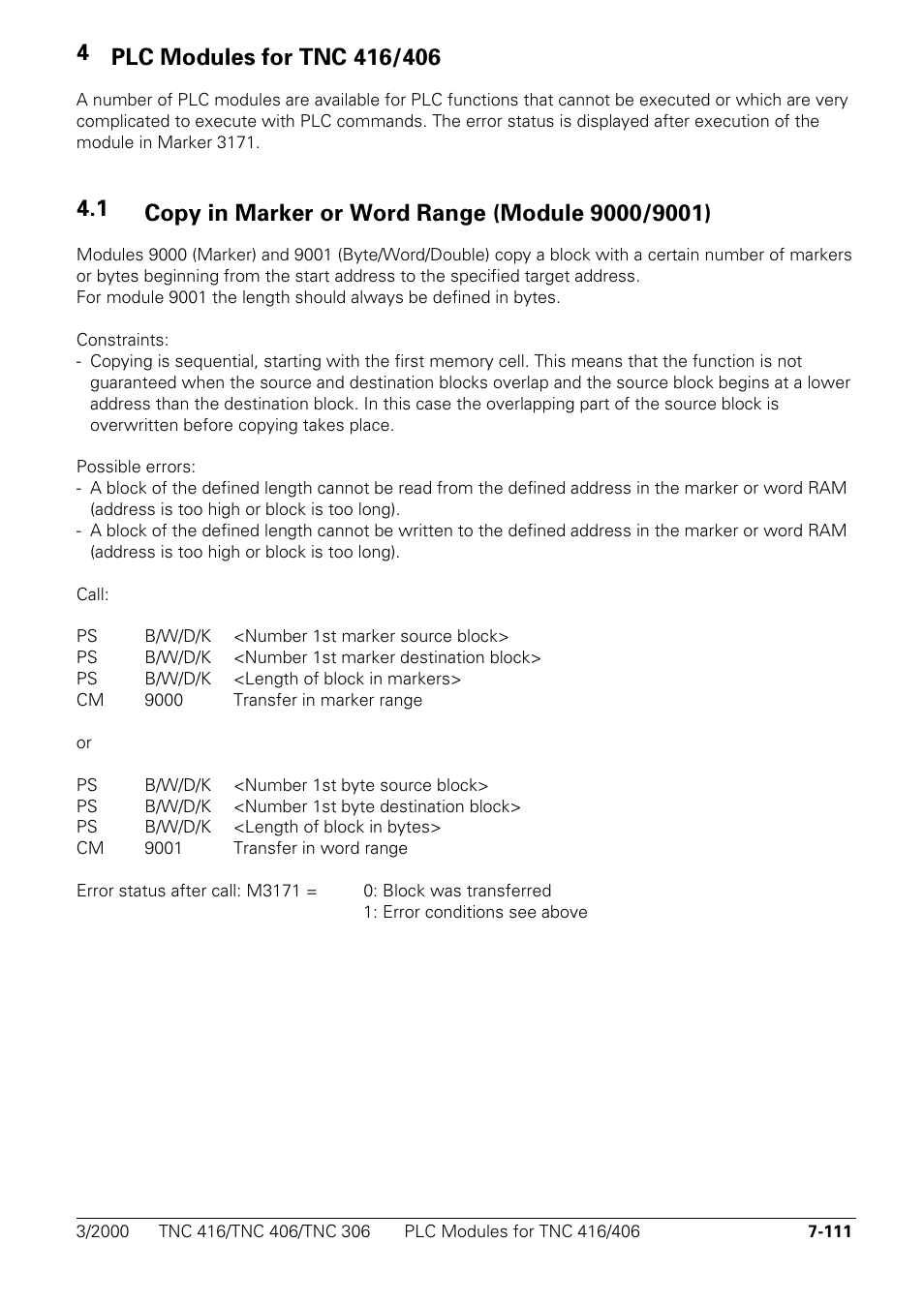 Plc modules for tnc 416/406, Copy in marker or word range (module 9000/9001) | HEIDENHAIN TNC 306 Technical Manual User Manual | Page 401 / 510