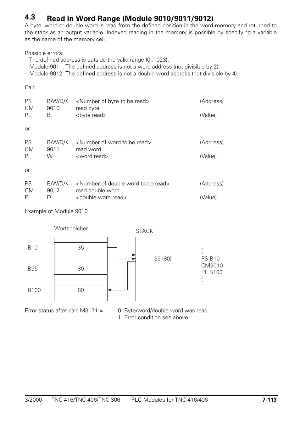 Read in word range (module 9010/9011/9012) | HEIDENHAIN TNC 306 Technical Manual User Manual | Page 403 / 510