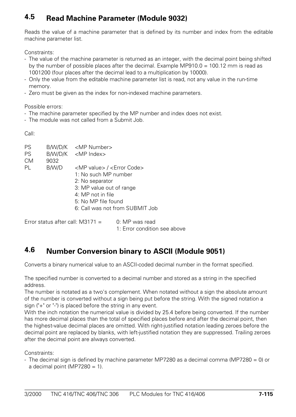 Read machine parameter (module 9032), Number conversion binary to ascii (module 9051) | HEIDENHAIN TNC 306 Technical Manual User Manual | Page 405 / 510