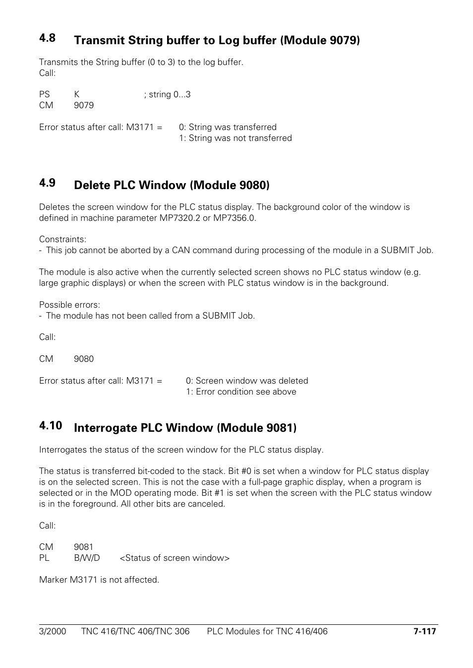 Transmit string buffer to log buffer (module 9079), Delete plc window (module 9080), Interrogate plc window (module 9081) | HEIDENHAIN TNC 306 Technical Manual User Manual | Page 407 / 510