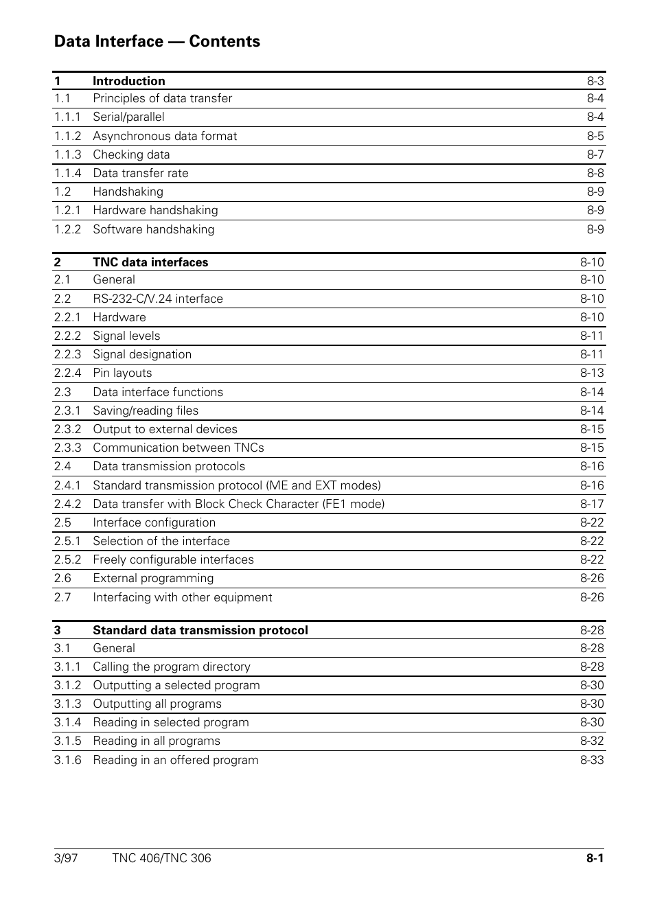 Data interfaces, Data interface — contents 8 | HEIDENHAIN TNC 306 Technical Manual User Manual | Page 414 / 510