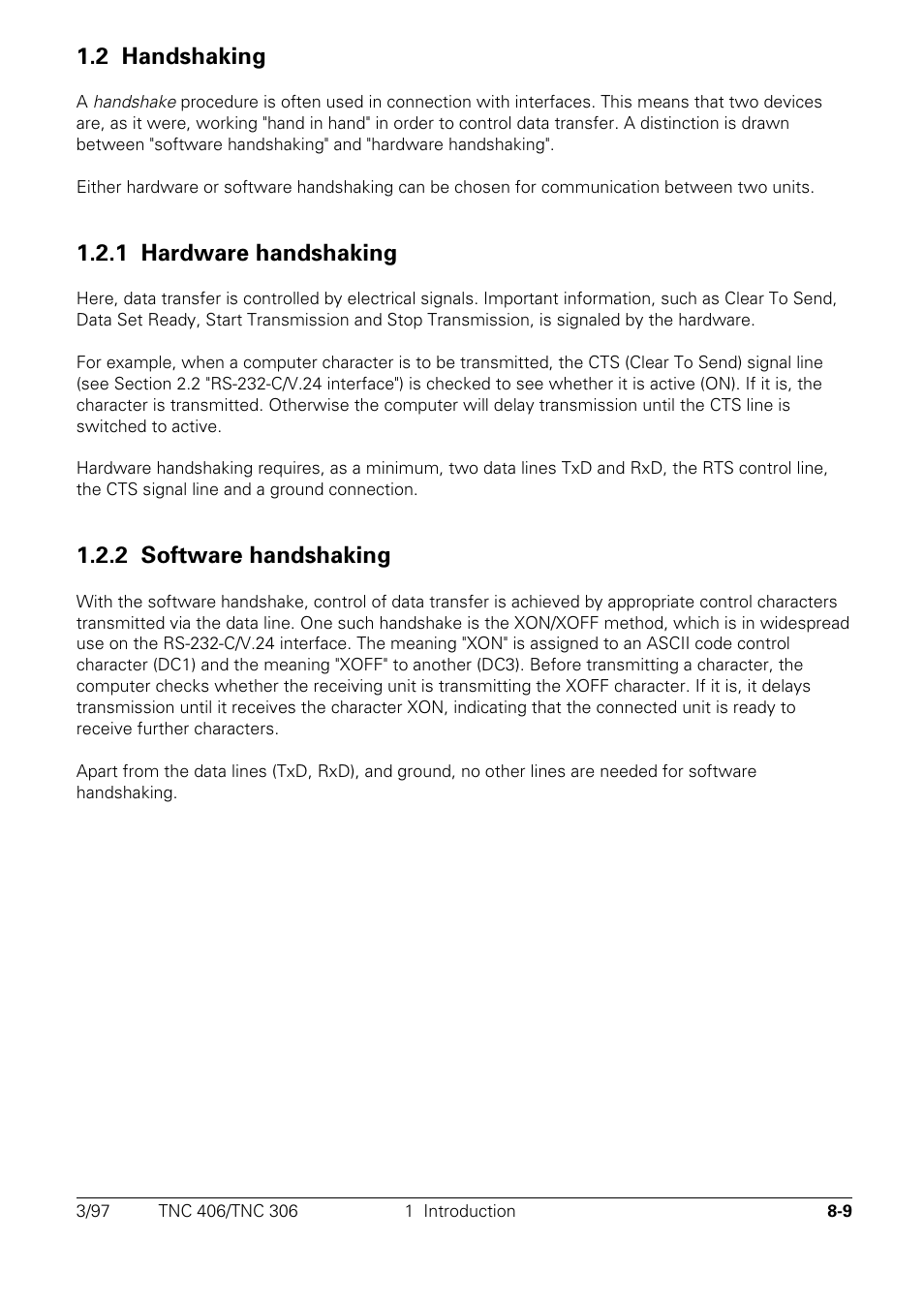 Handshaking, 1 hardware handshaking, 2 software handshaking | 2 handshaking | HEIDENHAIN TNC 306 Technical Manual User Manual | Page 422 / 510
