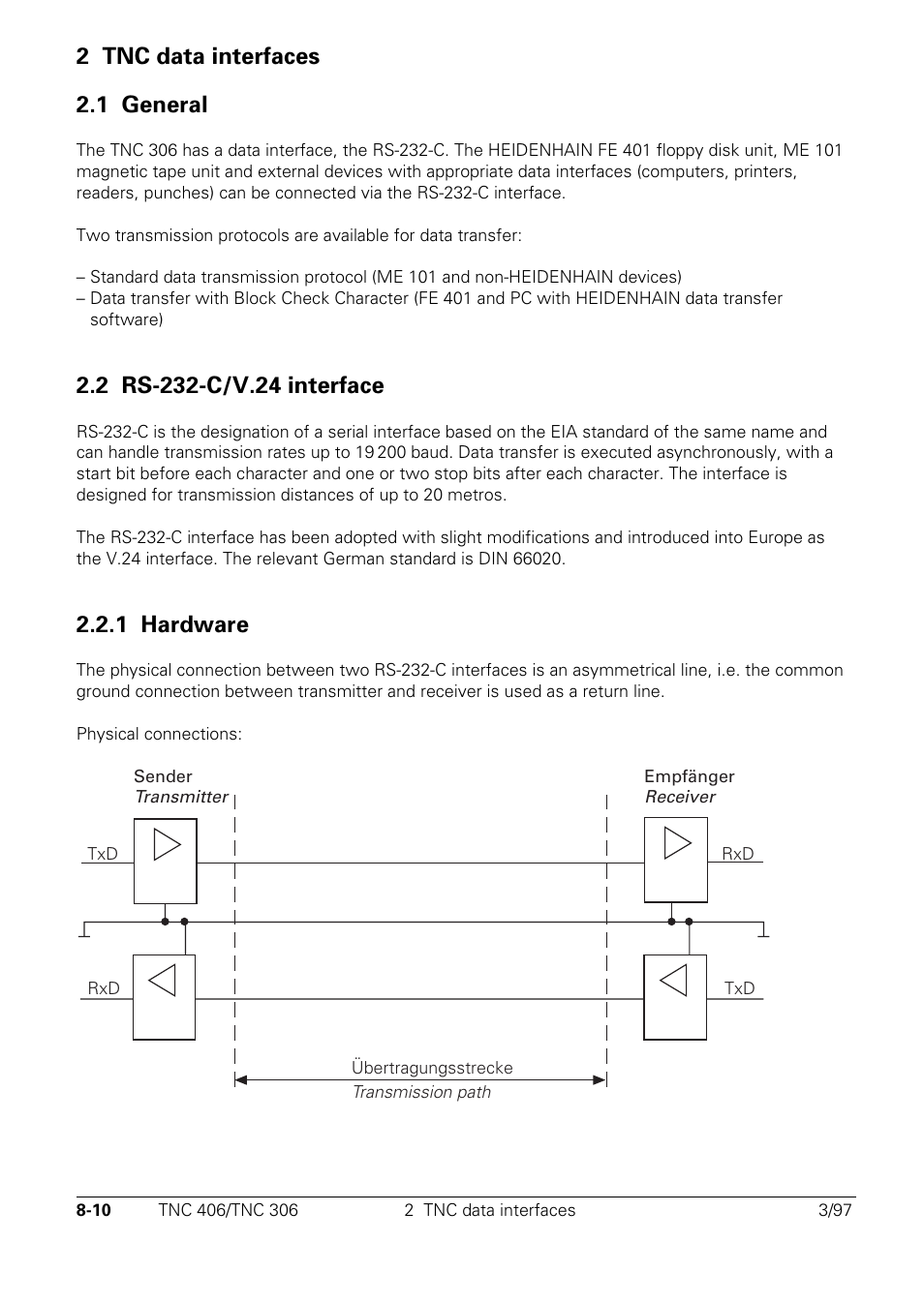 Tnc data interfaces, General, Rs-232-c/v.24 interface | 1 hardware, 2 tnc data interfaces 2.1 general | HEIDENHAIN TNC 306 Technical Manual User Manual | Page 423 / 510
