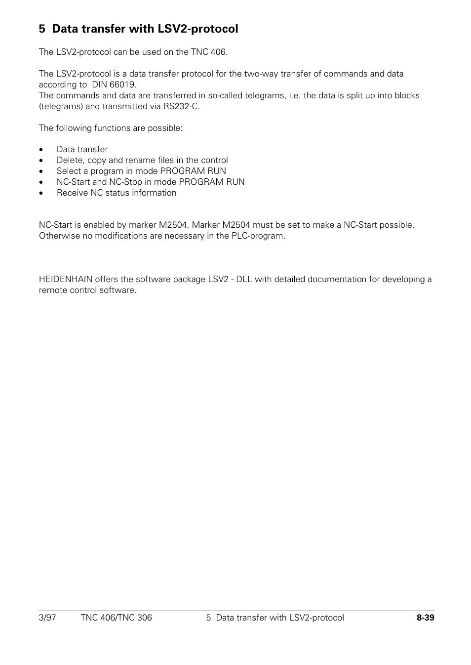 Data transfer with lsv2-protocol, 5 data transfer with lsv2-protocol | HEIDENHAIN TNC 306 Technical Manual User Manual | Page 452 / 510