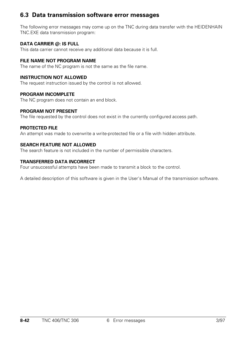 Data transmission software error messages, 3 data transmission software error messages | HEIDENHAIN TNC 306 Technical Manual User Manual | Page 455 / 510