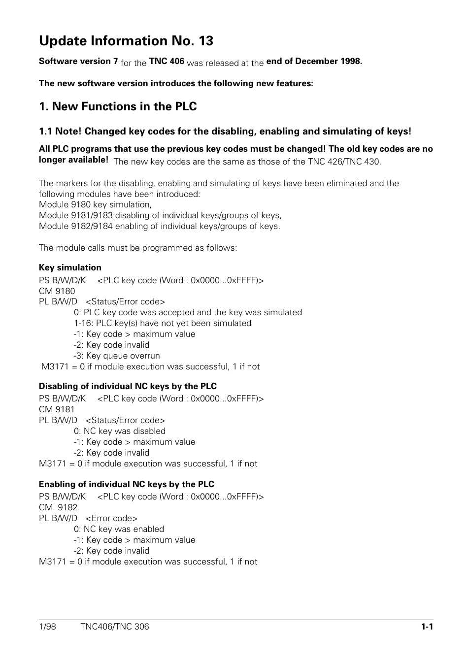 Update information no. 13, New functions in the plc | HEIDENHAIN TNC 306 Technical Manual User Manual | Page 489 / 510