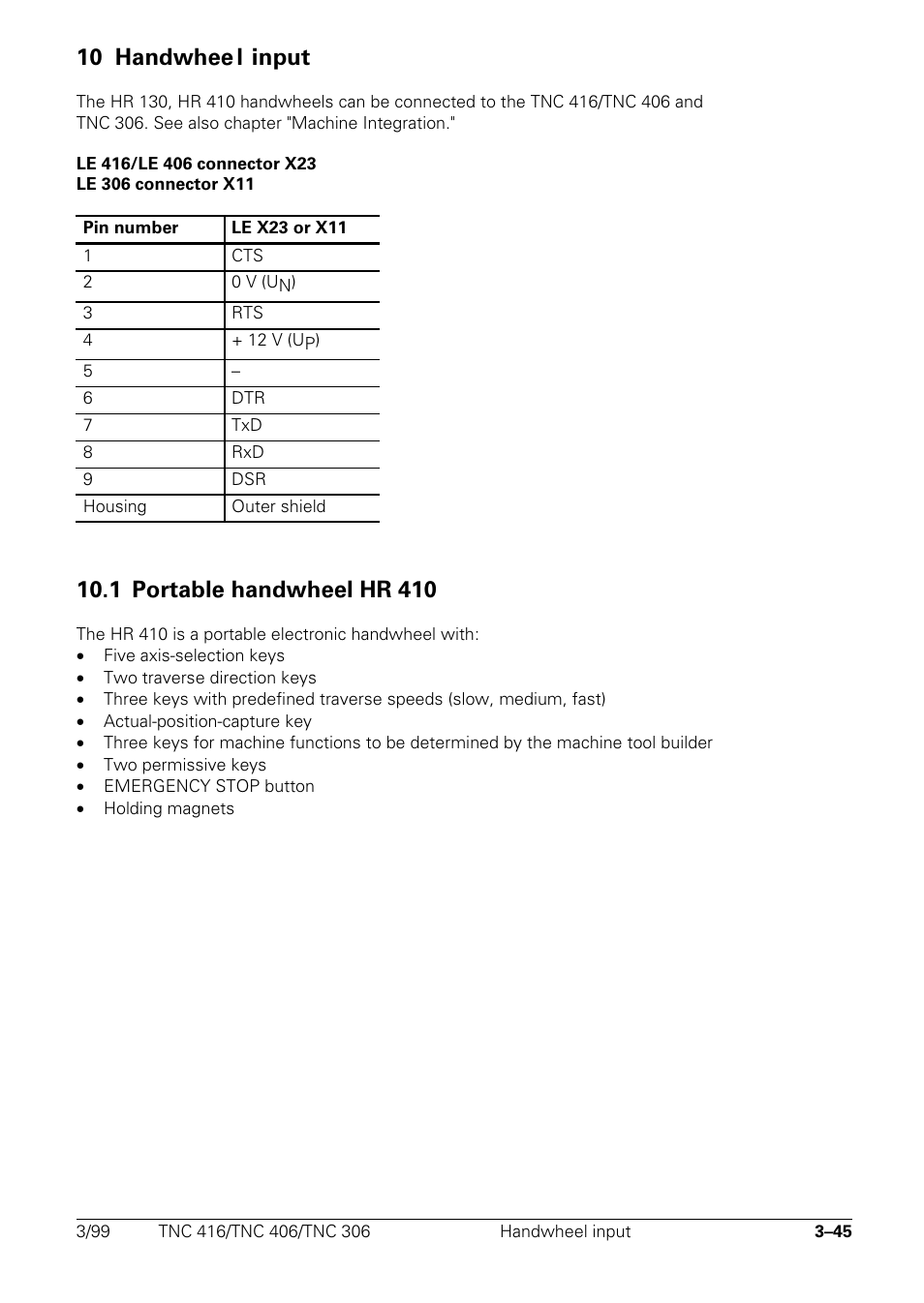 10 handwheel input, 1 portable handwheel hr 410, 10 handwhee l input | HEIDENHAIN TNC 306 Technical Manual User Manual | Page 60 / 510