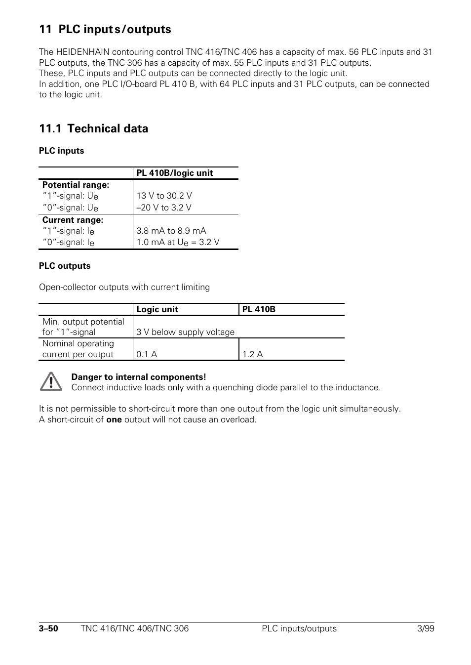 11 plc inputs/outputs, 1 technical data, 11 plc input s/outputs | HEIDENHAIN TNC 306 Technical Manual User Manual | Page 65 / 510