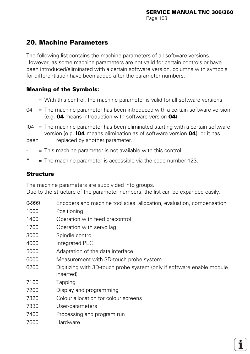 Machine parameters | HEIDENHAIN TNC 306 Service Manual User Manual | Page 110 / 157