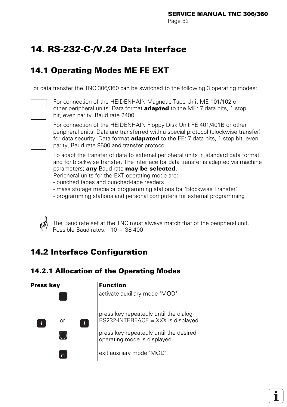 1 operating modes me fe ext, 2 interface configuration | HEIDENHAIN TNC 306 Service Manual User Manual | Page 59 / 157