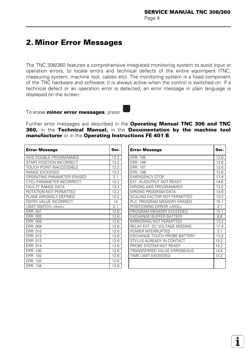 Minor error messages | HEIDENHAIN TNC 306 Service Manual User Manual | Page 6 / 157