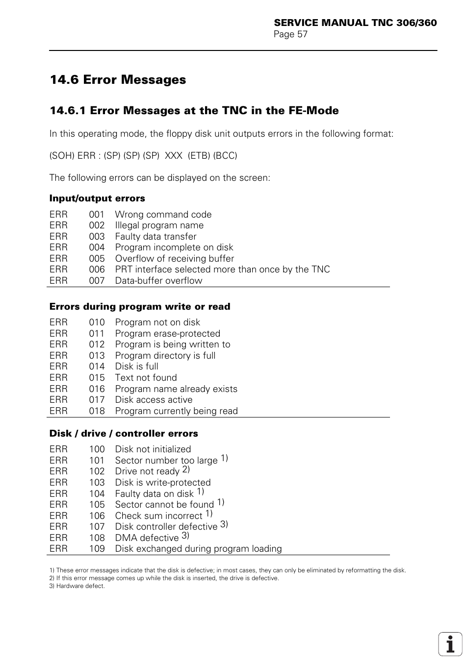 6 error messages, Err: 105, Err: 106 | Err: 107, Err: 108, Err: 001, Err: 002, Err: 003, Err: 004, Err: 010 | HEIDENHAIN TNC 306 Service Manual User Manual | Page 64 / 157
