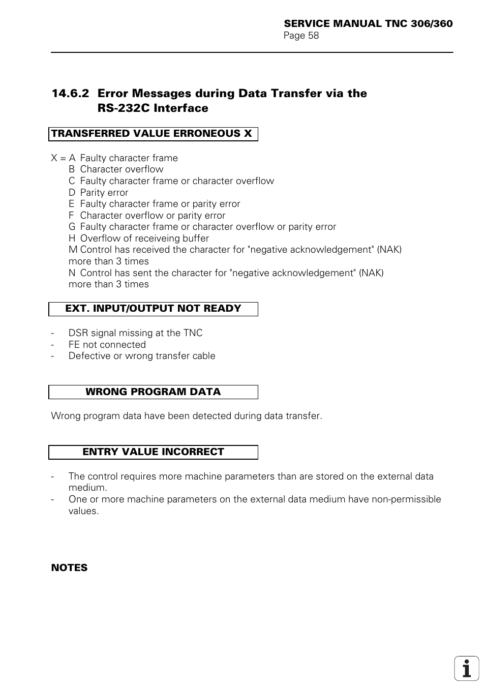 Ext. in-/output not ready, Wrong program data, Entry value incorrect | Transferred value erroneous | HEIDENHAIN TNC 306 Service Manual User Manual | Page 65 / 157