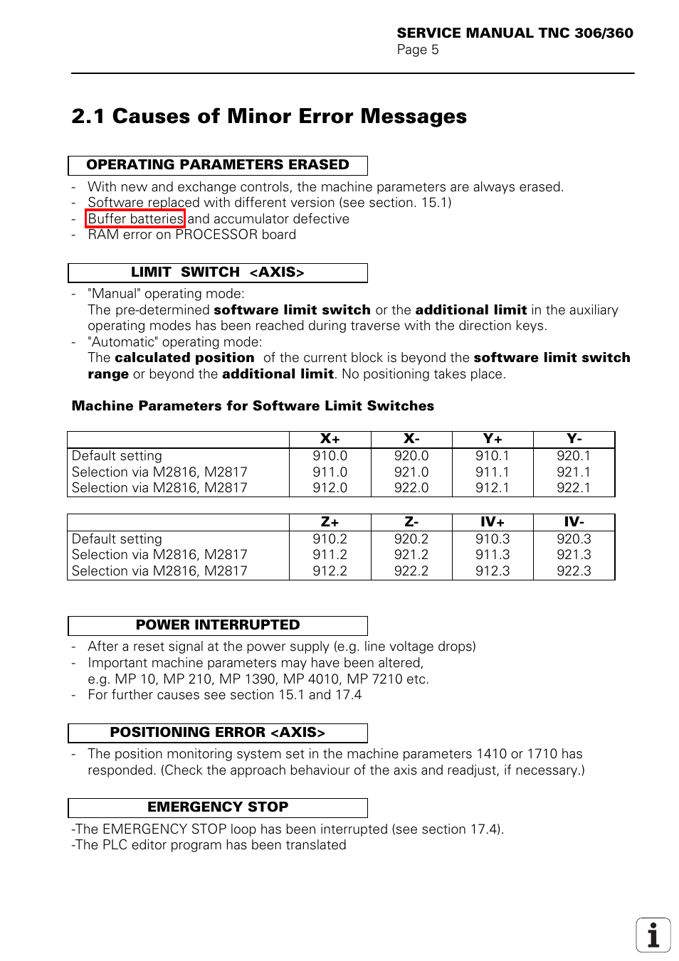 Causes of minor error messages, Operating parameter erased, Limit switch <axis | Positioning error <axis, Power interrupted, 1 causes of minor error messages | HEIDENHAIN TNC 306 Service Manual User Manual | Page 7 / 157