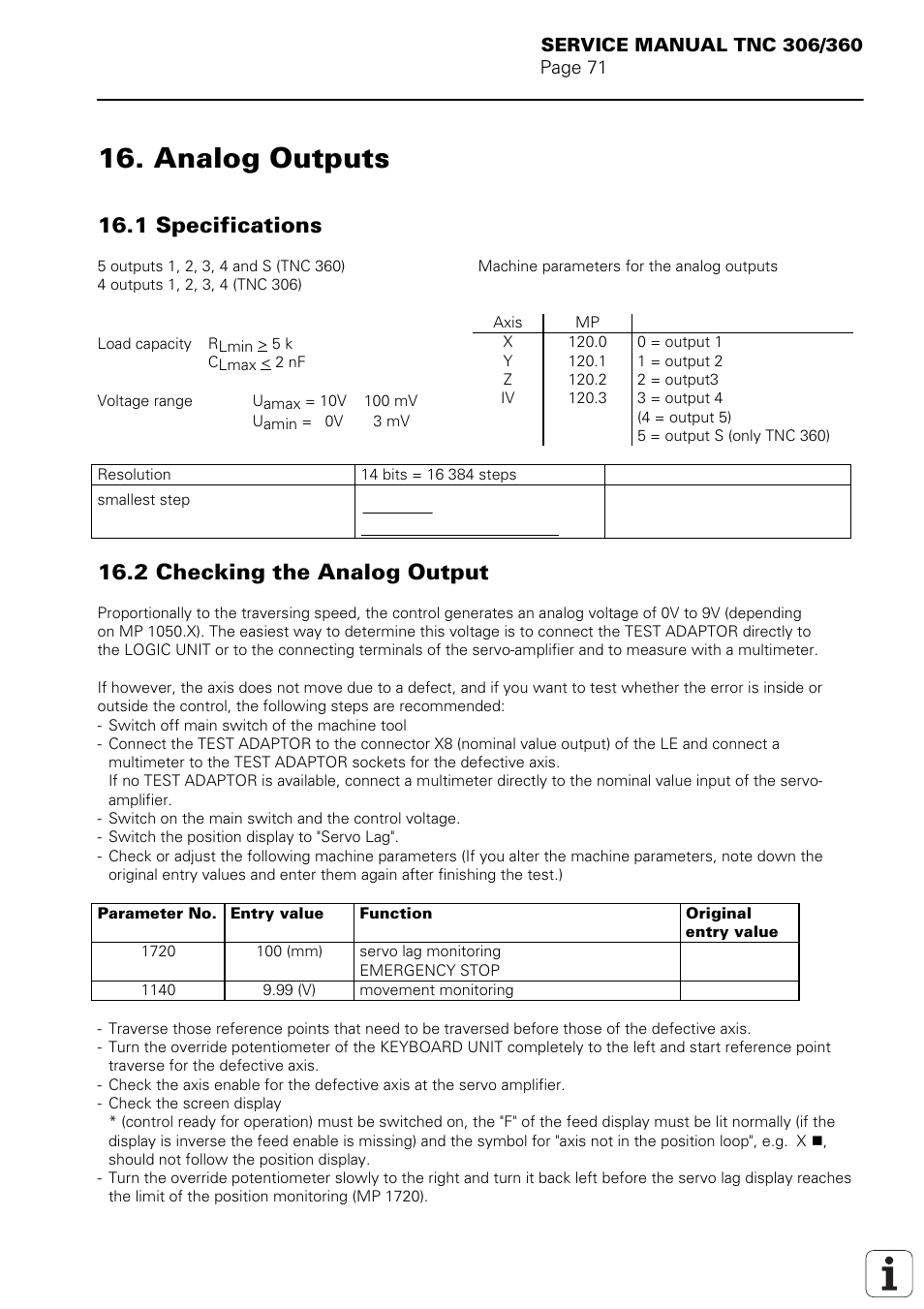 Analog outputs, 1 specifications, 2 checking the analog output | HEIDENHAIN TNC 306 Service Manual User Manual | Page 78 / 157