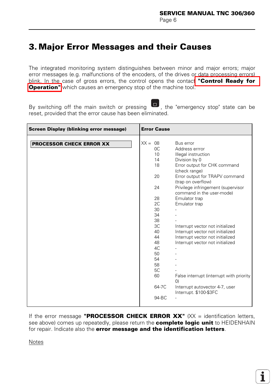 Major error messages and their causes | HEIDENHAIN TNC 306 Service Manual User Manual | Page 8 / 157