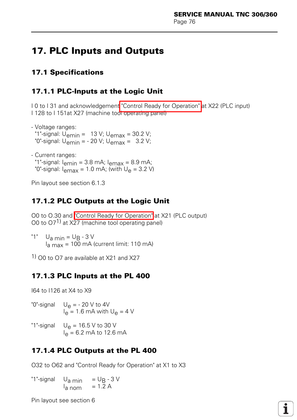 Plc inputs and outputs 17.1 specifications, Plc inputs and outputs | HEIDENHAIN TNC 306 Service Manual User Manual | Page 83 / 157