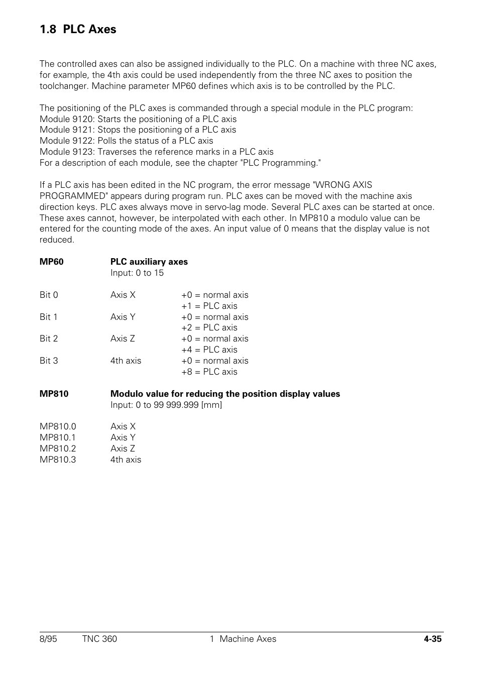 Plc axes, 8 plc axes | HEIDENHAIN TNC 335 Technical Manual User Manual | Page 132 / 581