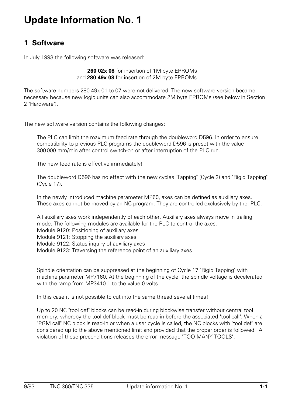 Update information no. 1, 1 software | HEIDENHAIN TNC 335 Technical Manual User Manual | Page 16 / 581