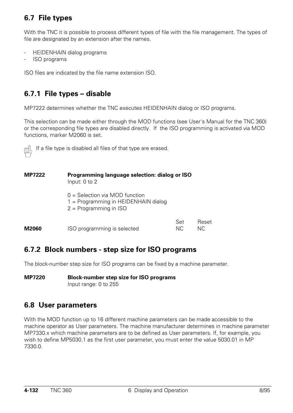 7 file, Types, 1 file types – disable | 2 block numbers - step size for iso programs, User parameters, 7 file types, 8 user parameters | HEIDENHAIN TNC 335 Technical Manual User Manual | Page 229 / 581
