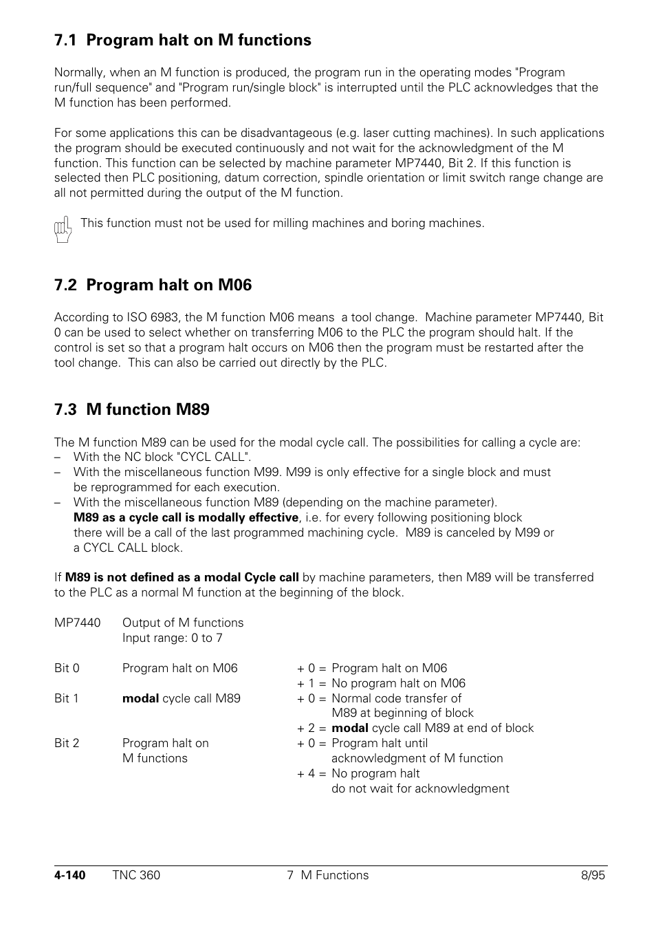 Program halt on m functions, Program halt on m06, M function m89 | 1 program halt on m functions, 2 program halt on m06, 3 m function m89 | HEIDENHAIN TNC 335 Technical Manual User Manual | Page 237 / 581