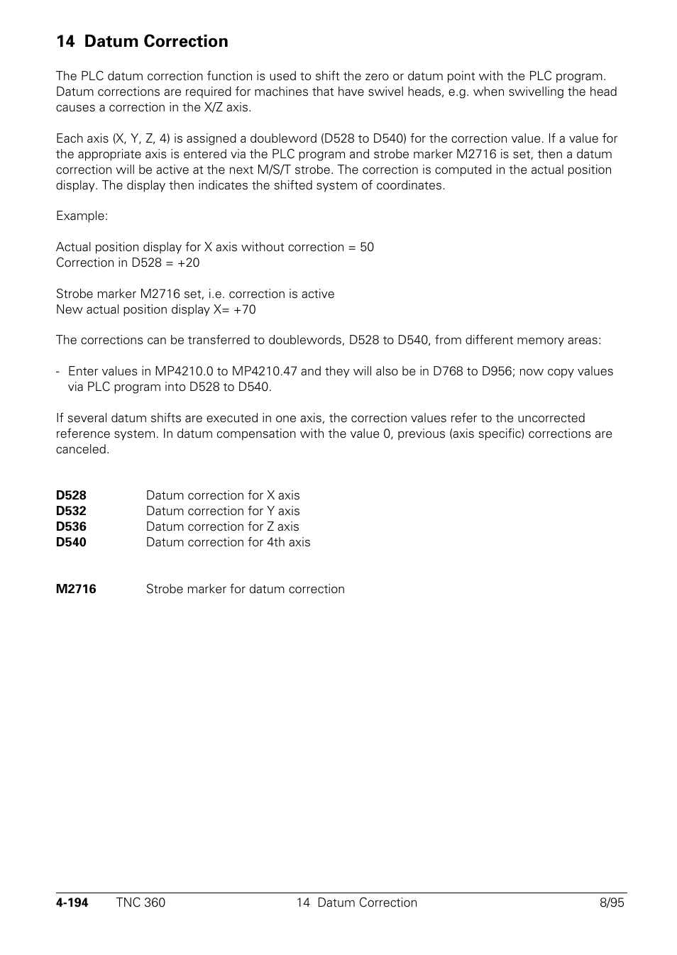 Datum correction, 14 datum correction | HEIDENHAIN TNC 335 Technical Manual User Manual | Page 291 / 581