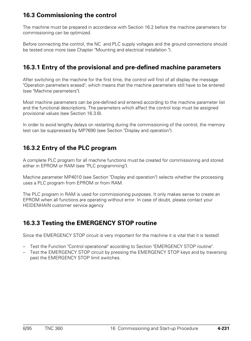 Commissioning the control, 2 entry of the plc-program, 3 testing the emergency stop routine | 3 commissioning the control, 2 entry of the plc program | HEIDENHAIN TNC 335 Technical Manual User Manual | Page 328 / 581