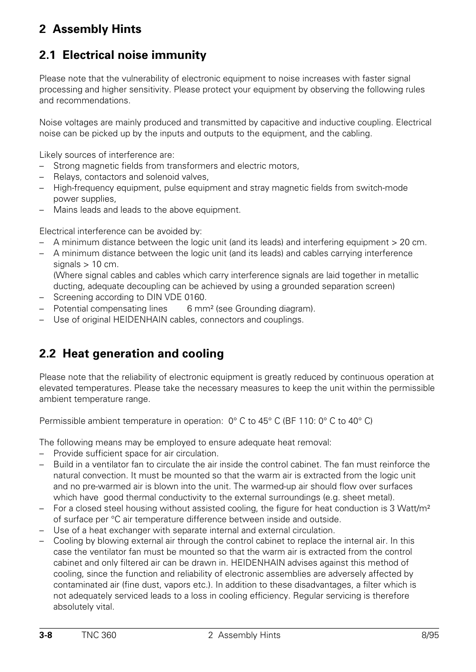 Assembly hints, Electrical noise immunity, Heat generation and cooling | 2 assembly hints 2.1 electrical noise immunity, 2 heat generation and cooling | HEIDENHAIN TNC 335 Technical Manual User Manual | Page 38 / 581
