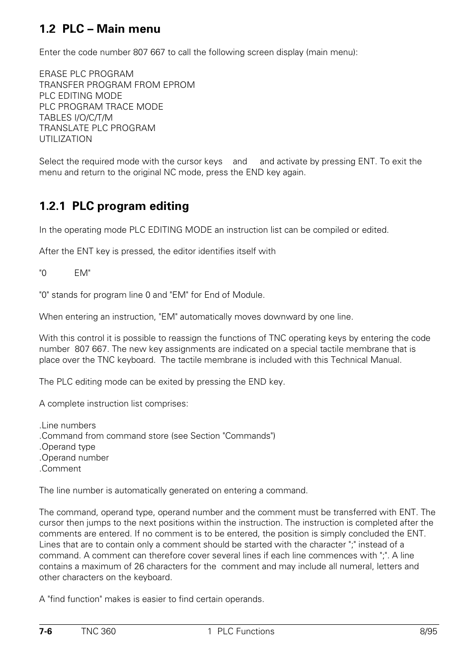 Plc – main menu, 1 plc-program editing, 2 plc – main menu | 1 plc program editing | HEIDENHAIN TNC 335 Technical Manual User Manual | Page 385 / 581