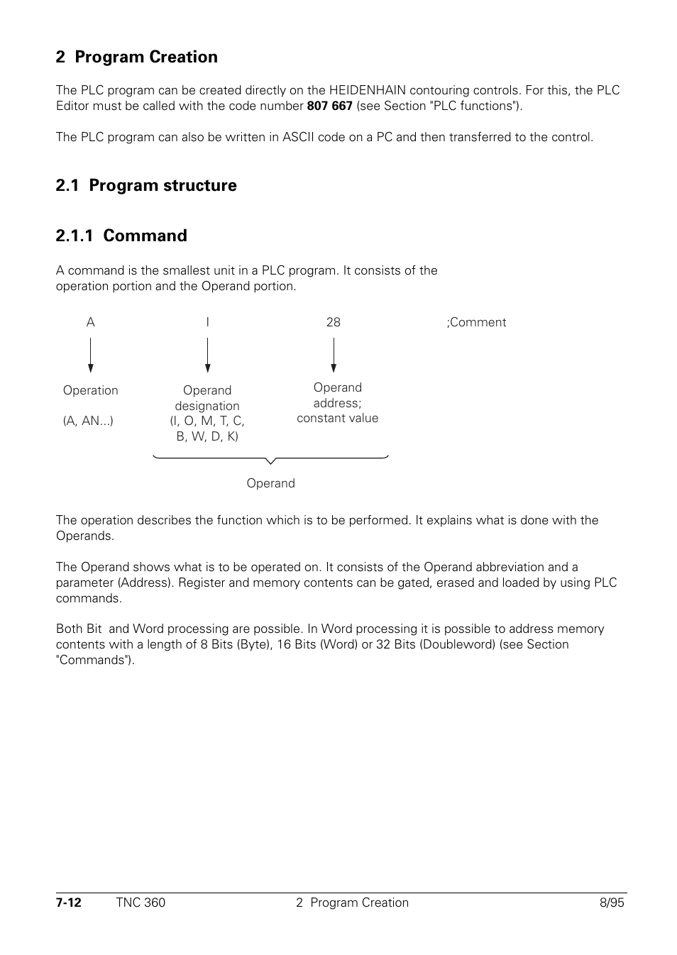 Program creation, Program structure, 1 command | 2 program creation, 1 program structure 2.1.1 command | HEIDENHAIN TNC 335 Technical Manual User Manual | Page 391 / 581