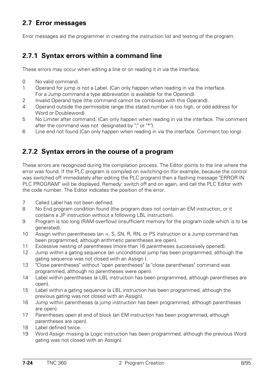 Error-messages, 1 syntax errors within a command line, 2 syntax errors in the course of a program | 7 error messages | HEIDENHAIN TNC 335 Technical Manual User Manual | Page 403 / 581