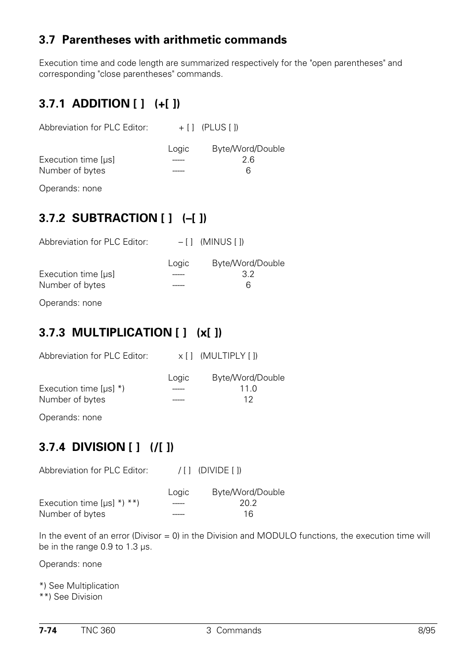 Parentheses with arithmetic commands, 1 addition, 2 subtraction | 3 multiplication, 4 division, 7 parentheses with arithmetic commands, 1 addition [ ] (+[ ]), 2 subtraction [ ] (–[ ]), 3 multiplication [ ] (x[ ]) x, 4 division [ ] (/[ ]) | HEIDENHAIN TNC 335 Technical Manual User Manual | Page 453 / 581