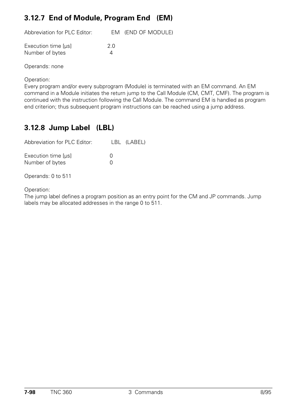 7 end of module, program end, 8 jump label, 7 end of module, program end (em) em | 8 jump label (lbl) lbl | HEIDENHAIN TNC 335 Technical Manual User Manual | Page 477 / 581
