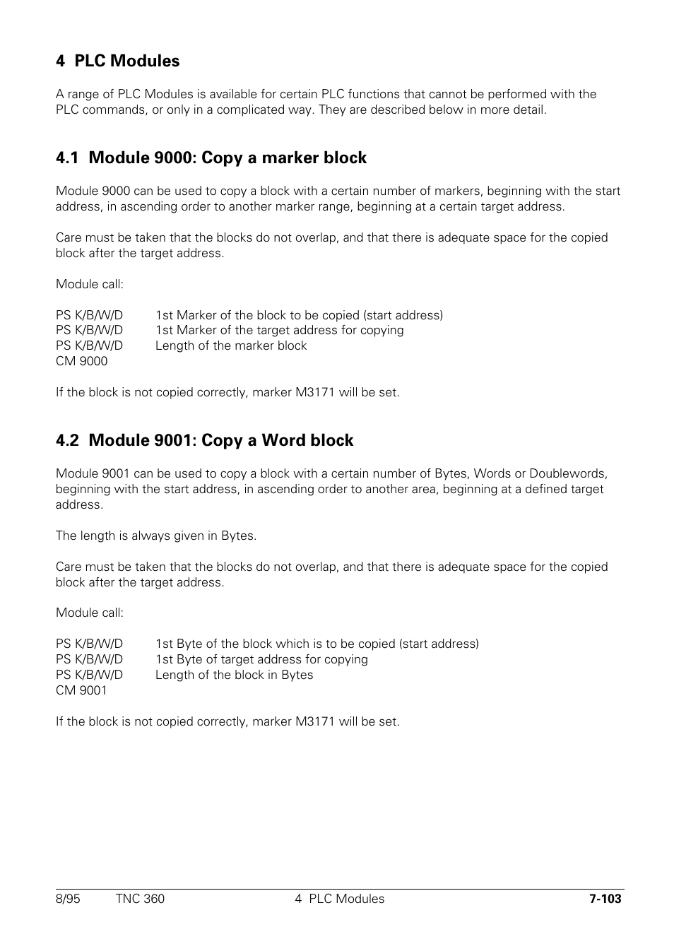 Plc-modules, Module 9000: copy a marker-block, Module 9001: copy a word-block | 74 plc modules | HEIDENHAIN TNC 335 Technical Manual User Manual | Page 482 / 581