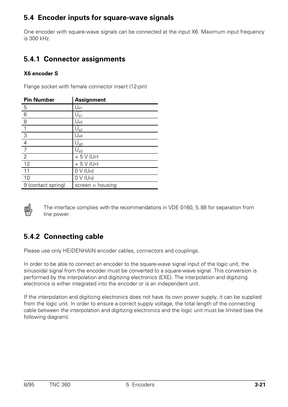 Encoder inputs for square-wave signals, Connector assignments, Connecting cable | 4 encoder inputs for square-wave signals, 1 connector assignments, 2 connecting cable | HEIDENHAIN TNC 335 Technical Manual User Manual | Page 49 / 581