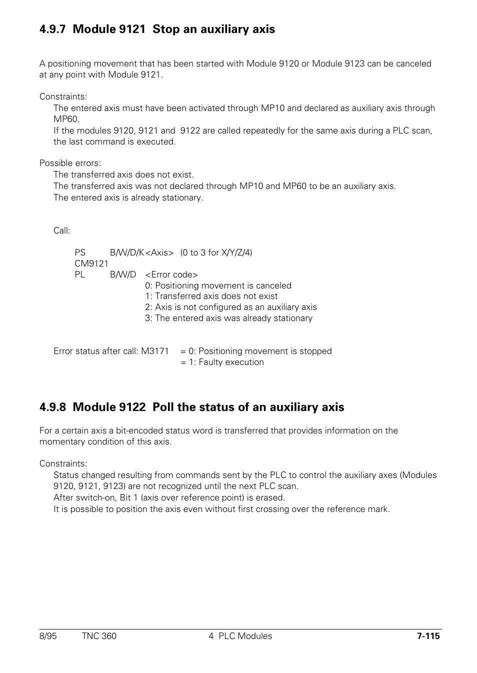 Module 9121: stop an auxiliary axis, Module 9122: poll the status of an auxiliary axis | HEIDENHAIN TNC 335 Technical Manual User Manual | Page 494 / 581