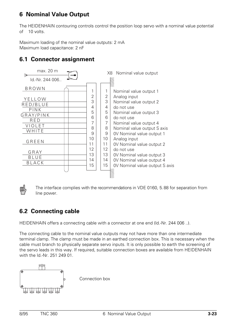 Nominal value output, Connector assignment, Connecting cable | 6 nominal value output, 1 connector assignment x8, 2 connecting cable | HEIDENHAIN TNC 335 Technical Manual User Manual | Page 51 / 581