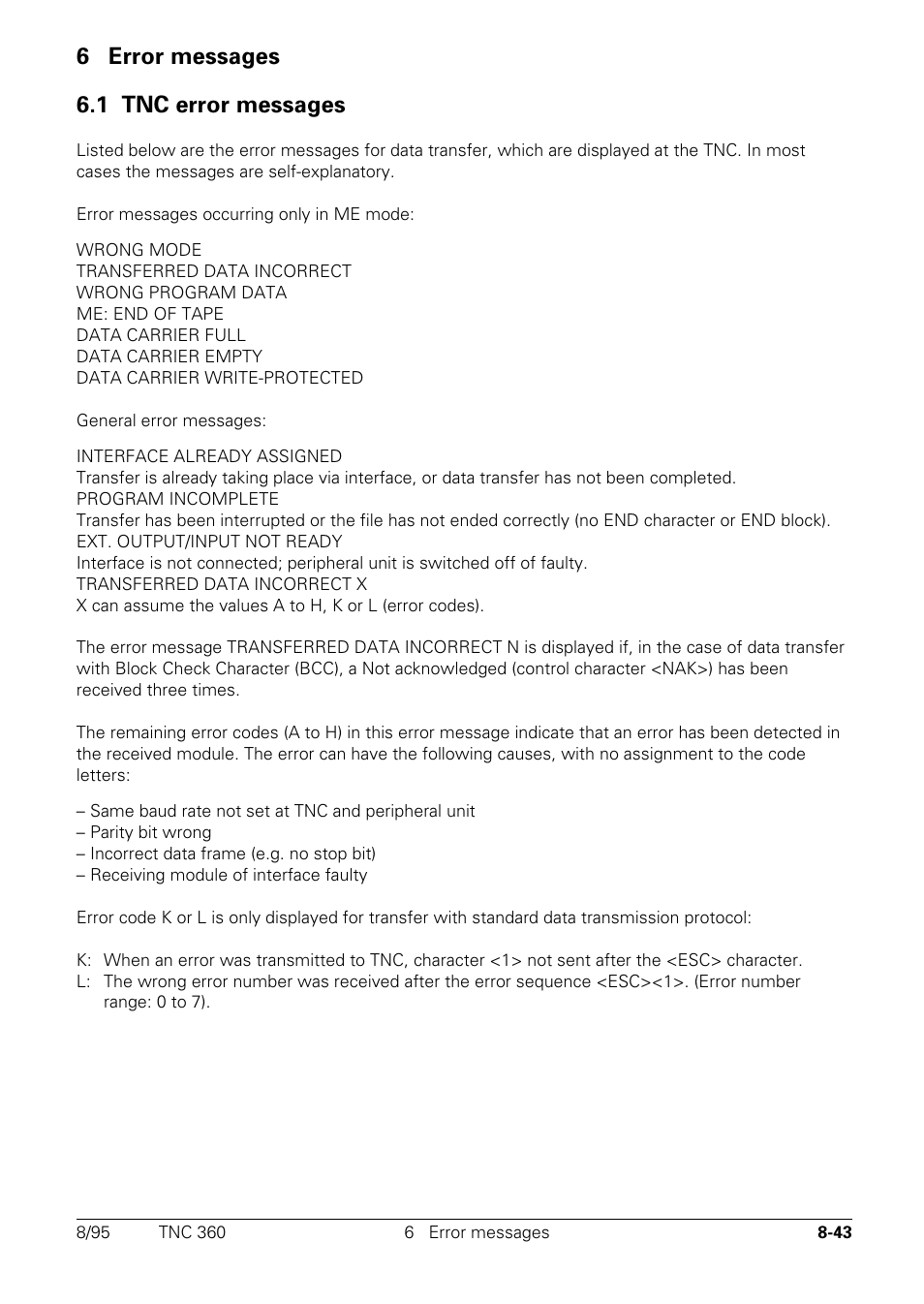 Error messages, Tnc error messages, 6 error messages 6.1 tnc error messages | HEIDENHAIN TNC 335 Technical Manual User Manual | Page 550 / 581