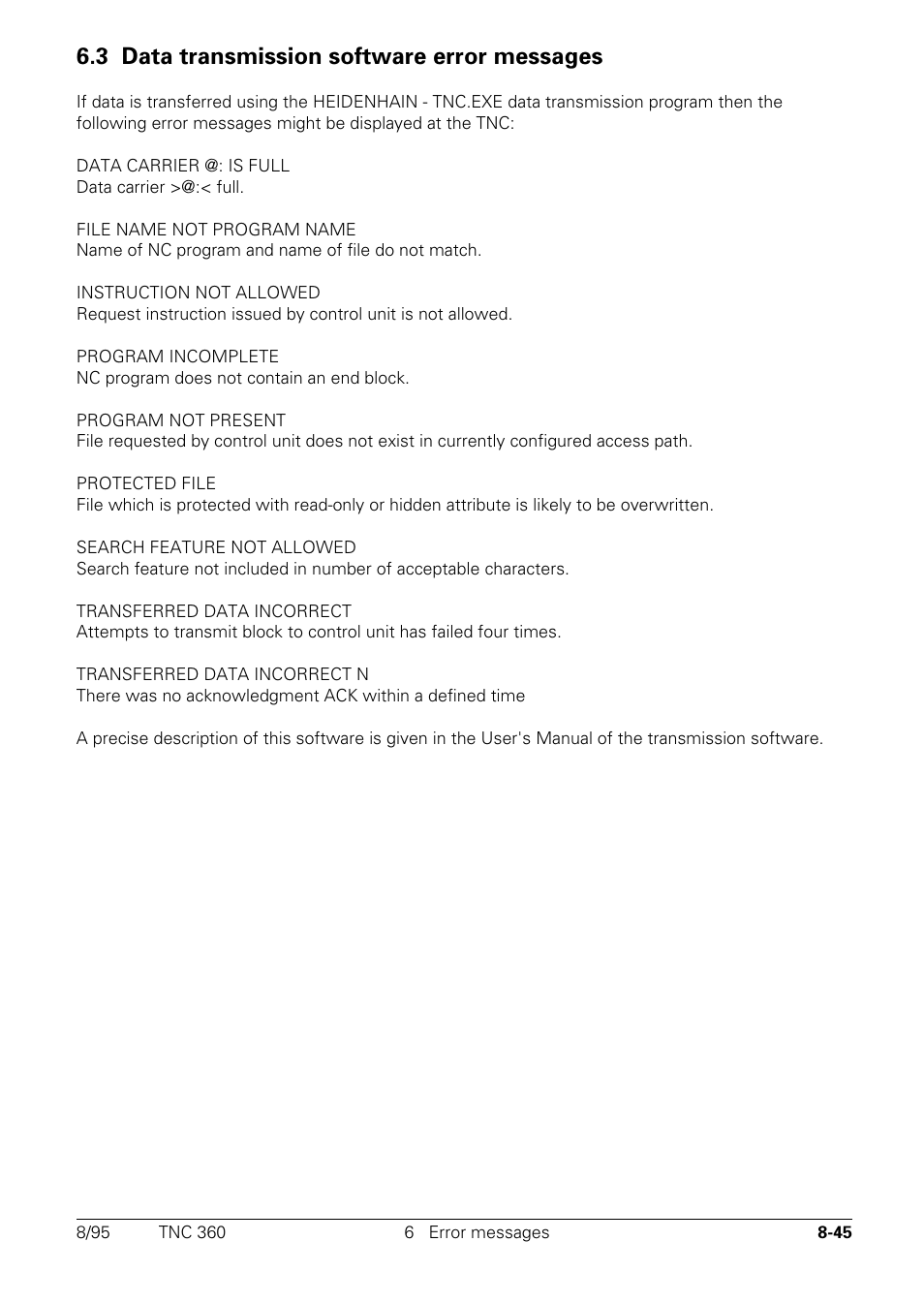 Data transmission software error messages, 3 data transmission software error messages | HEIDENHAIN TNC 335 Technical Manual User Manual | Page 552 / 581