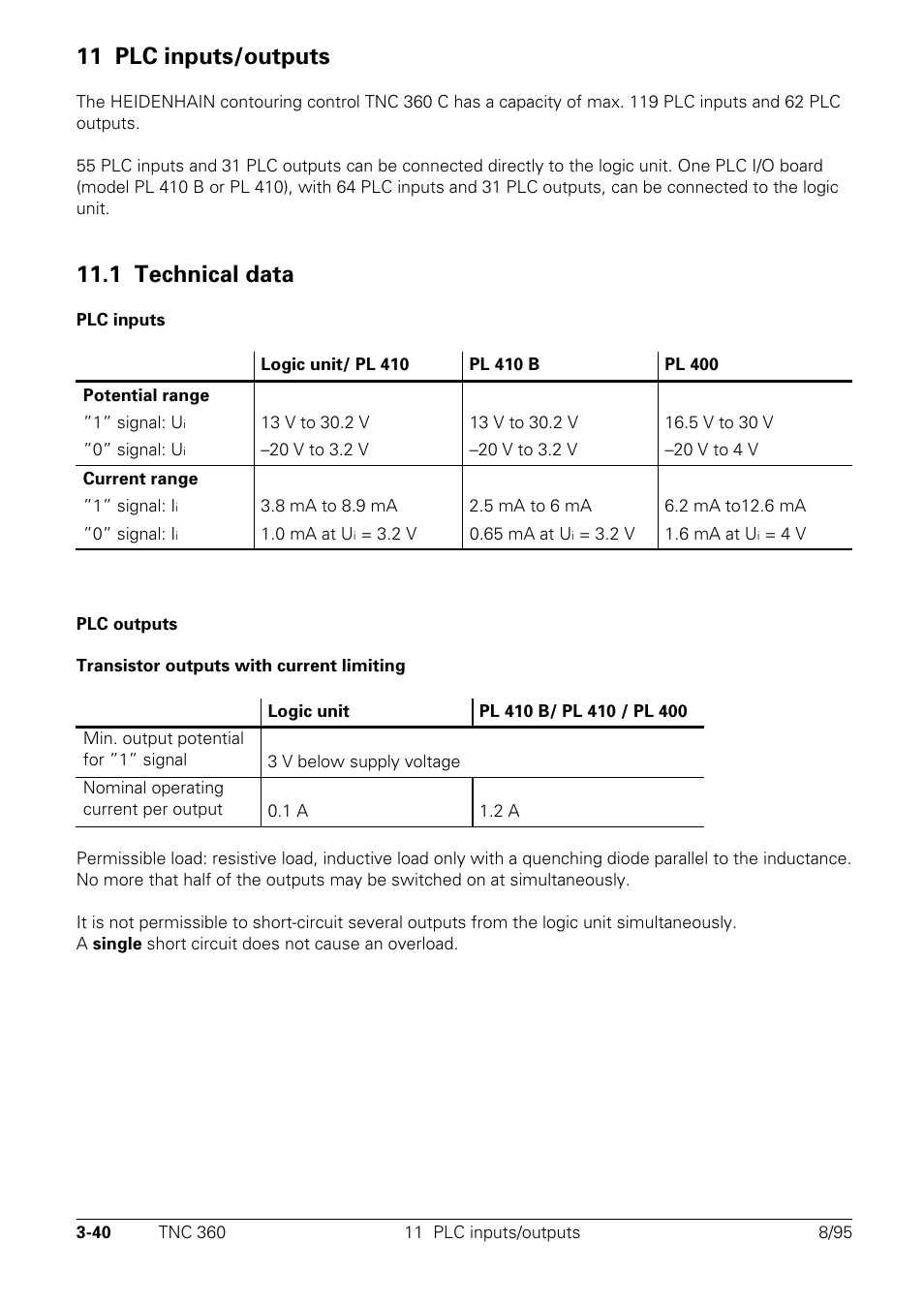 Plc inputs/outputs, Technical data, 11 plc inputs/outputs | 1 technical data | HEIDENHAIN TNC 335 Technical Manual User Manual | Page 65 / 581