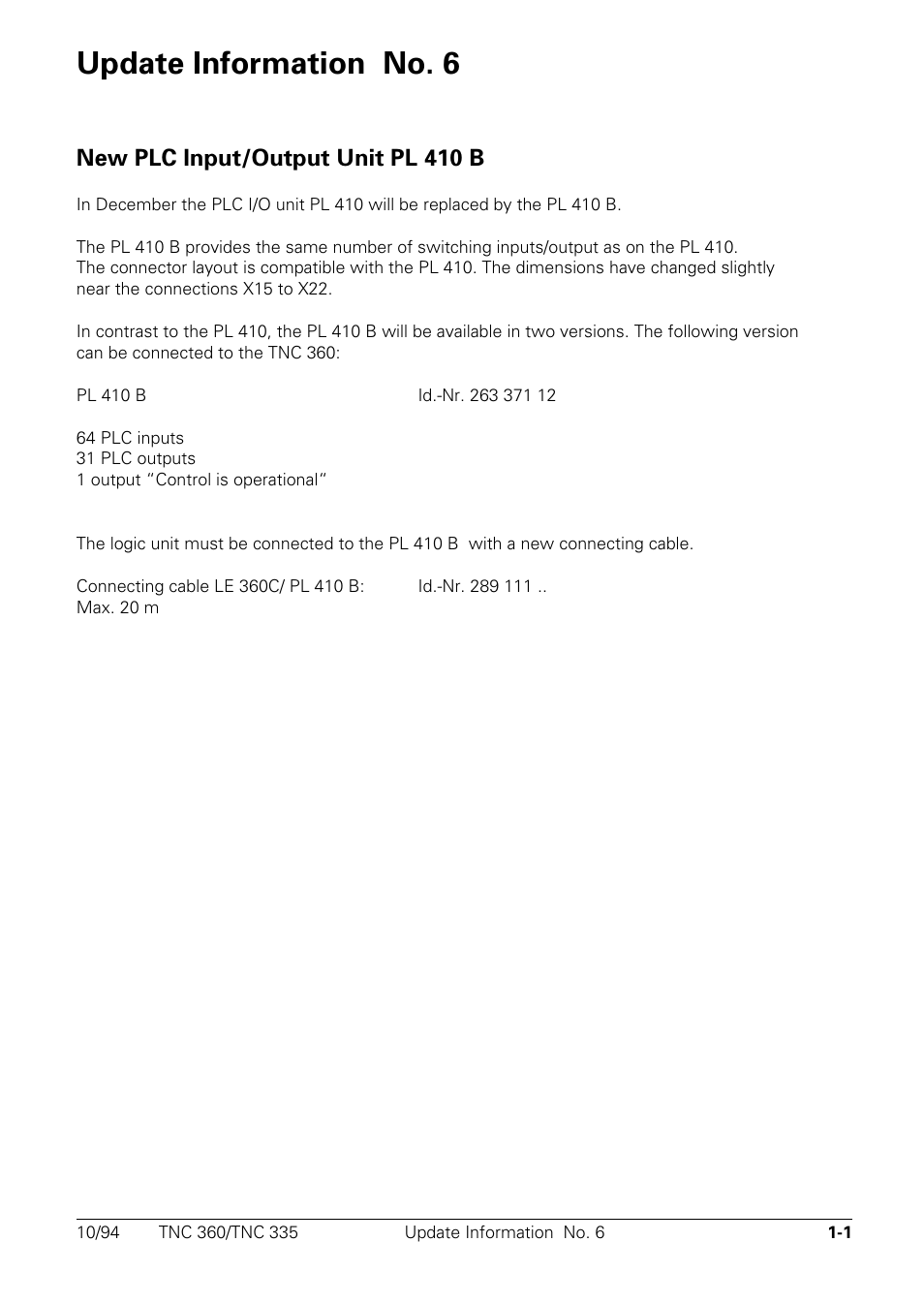 Update information no. 6, New plc input/output unit pl 410 b | HEIDENHAIN TNC 335 Technical Manual User Manual | Page 9 / 581