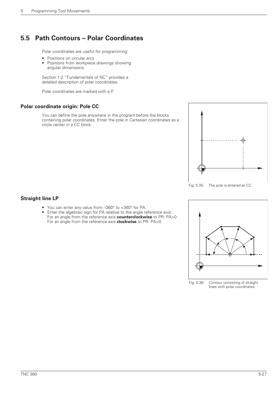 Path contours – polar coordinates -27, Polar coordinate origin: pole cc, Straight line lp | 5 path contours – polar coordinates | HEIDENHAIN TNC 360 User Manual User Manual | Page 111 / 237
