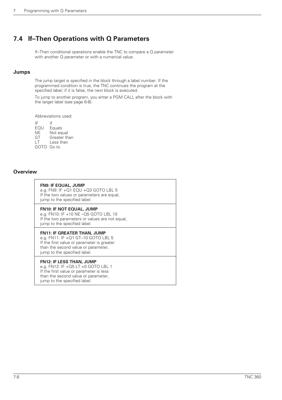 If-then operations with q parameters, Jumps, Overview | 4 if–then operations with q parameters | HEIDENHAIN TNC 360 User Manual User Manual | Page 142 / 237