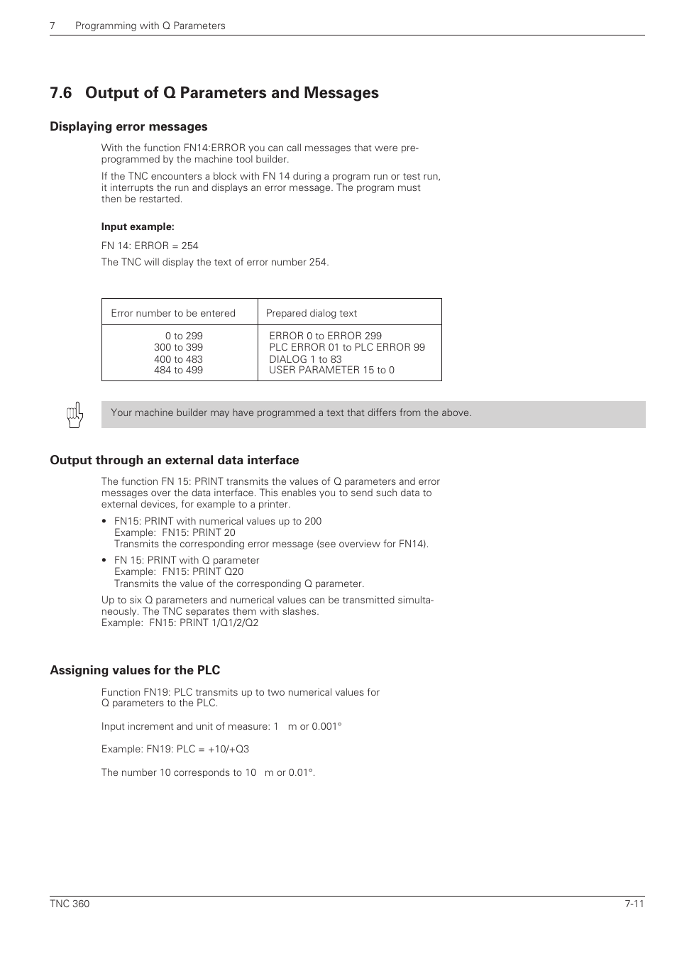 Output of q parameters and messages -11, Displaying error messages, Output through an external data interface | Assigning values for the plc, 6 output of q parameters and messages | HEIDENHAIN TNC 360 User Manual User Manual | Page 145 / 237