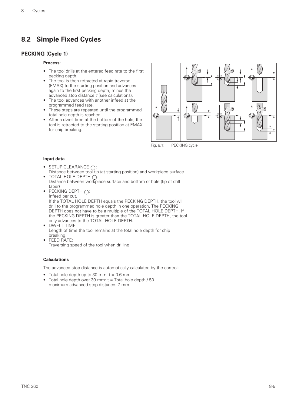 Simple fixed cycles, Pecking (cycle 1), 2 simple fixed cycles | HEIDENHAIN TNC 360 User Manual User Manual | Page 158 / 237