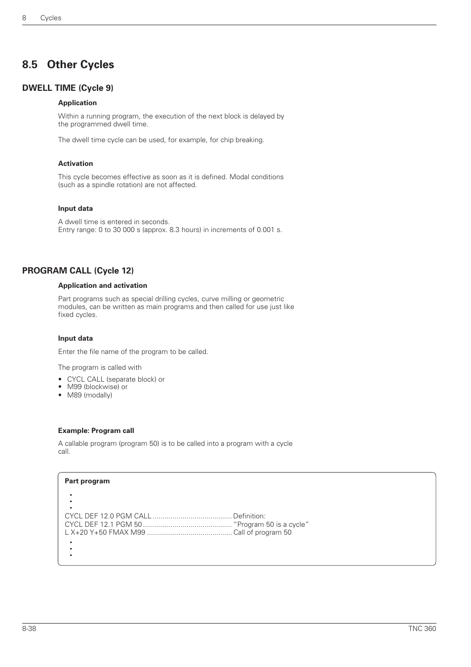 Other cycles -38, Dwell time (cycle 9), Program call (cycle 12) | 5 other cycles | HEIDENHAIN TNC 360 User Manual User Manual | Page 191 / 237