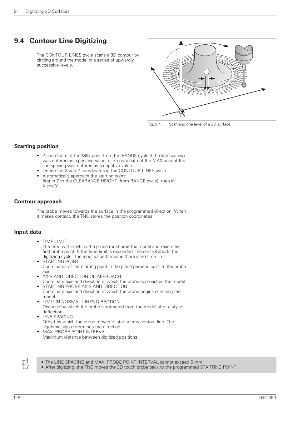 Contour line digitizing, Starting position, Contour approach | Input data, 4 contour line digitizing, Yx z | HEIDENHAIN TNC 360 User Manual User Manual | Page 199 / 237