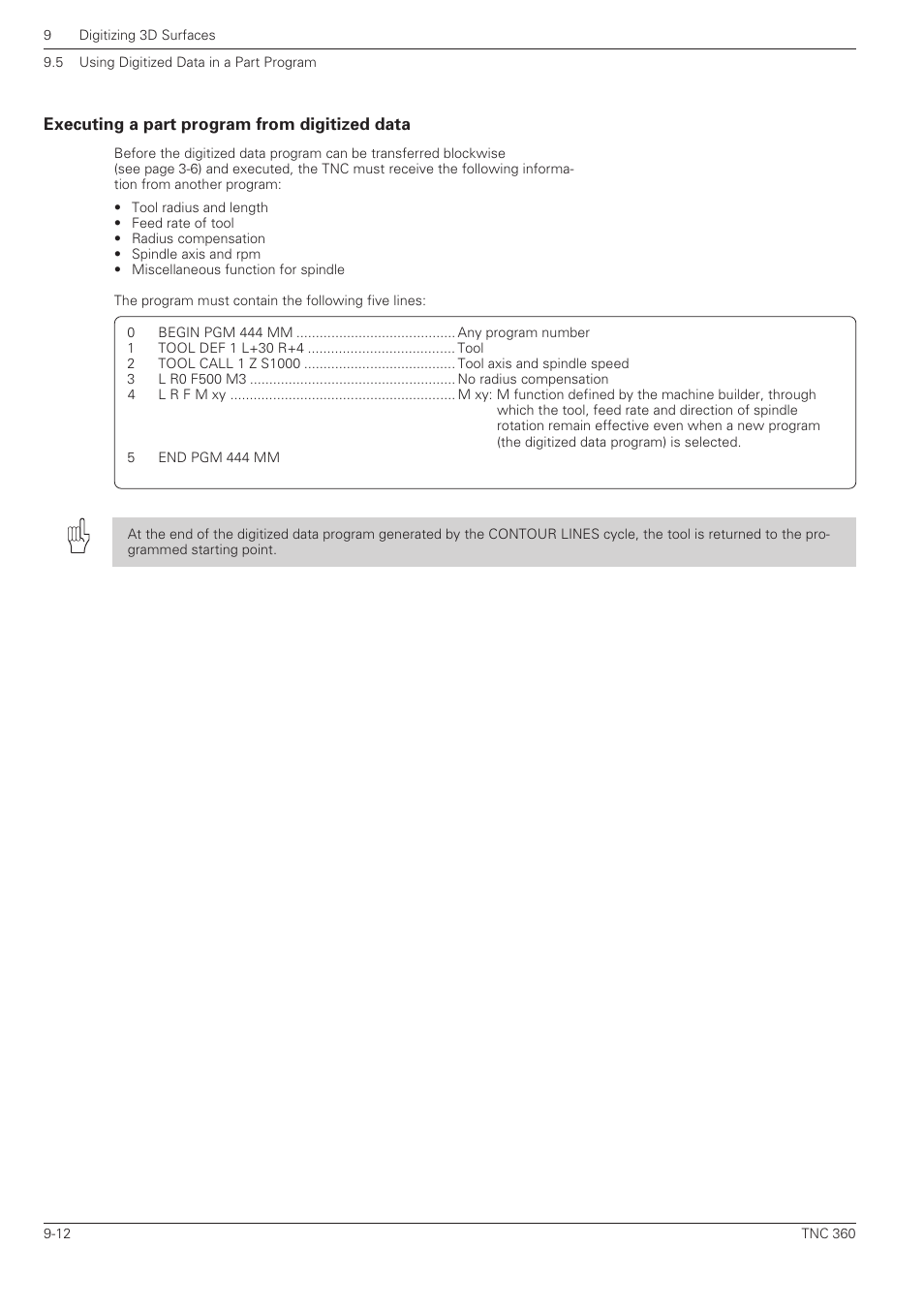 Executing a part program from digitized data | HEIDENHAIN TNC 360 User Manual User Manual | Page 203 / 237