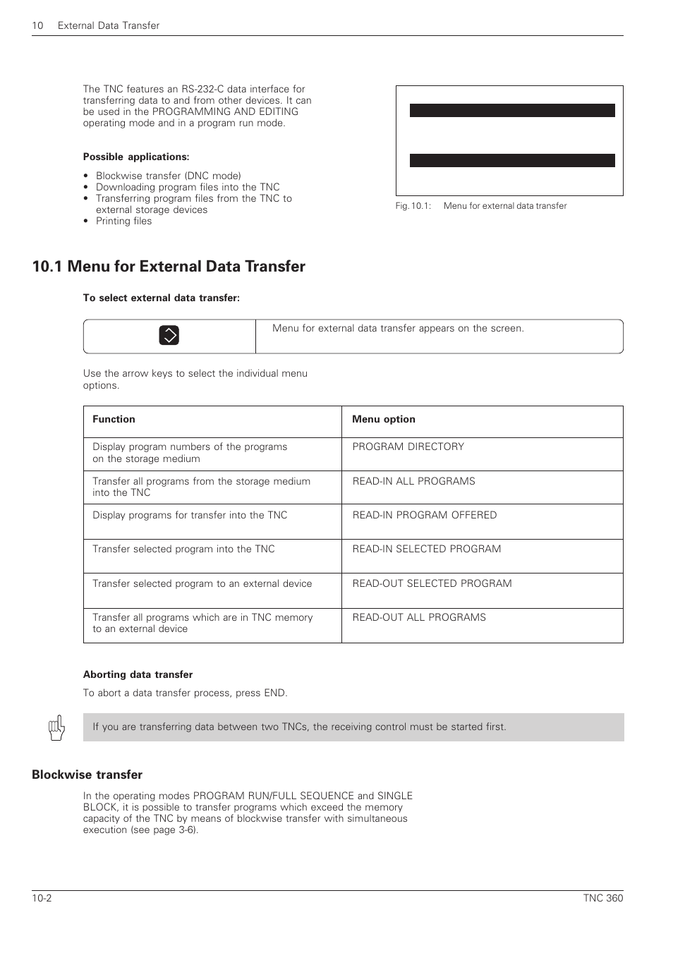 External data transfer, 1 menu for external data transfer -2, Blockwise transfer | 1 menu for external data transfer | HEIDENHAIN TNC 360 User Manual User Manual | Page 204 / 237