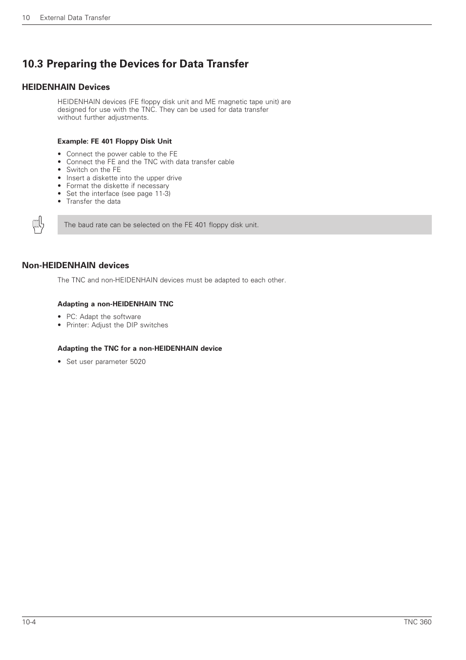 3 preparing the devices for data transfer -4, Heidenhain devices, Non-heidenhain devices | 3 preparing the devices for data transfer | HEIDENHAIN TNC 360 User Manual User Manual | Page 206 / 237